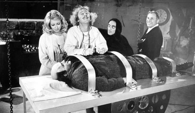 A 1974 staff file photo from the set of Young Frankenstein. From left: Teri Garr, Gene Wilder, Marty Feldman, Mel Brooks and Peter Boyle as Young Frankenstein. Photo: Los Angeles Times/TNS