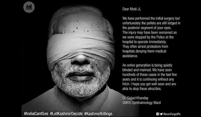 Pakistani groups created this protest poster depicting Indian Prime Minister Narendra Modi wounded by pellets. Photo: SCMP Picture