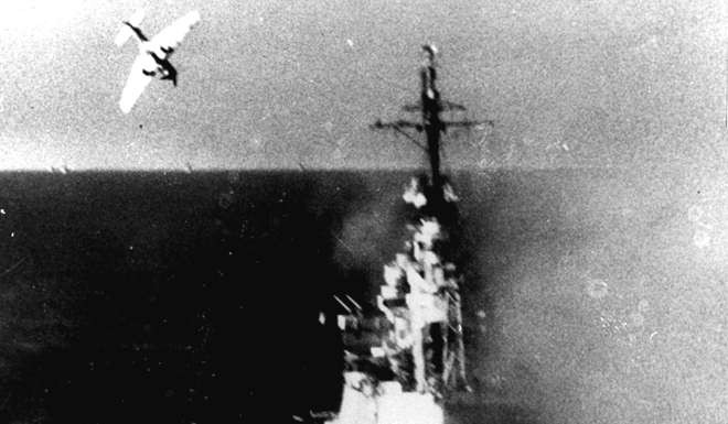 A Japanese Kamikaze fighter is shown swooping down on a U.S. warship in the three-day Battle of Leyte Gulf in October 1944. Photo: AP
