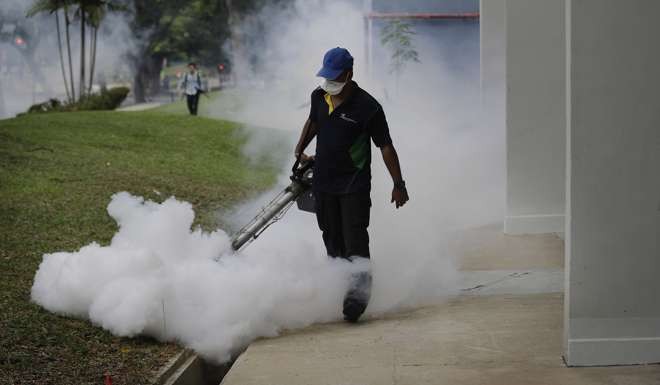 A pest control worker fumigates drains at a local housing estate where the latest case of Zika infections in Singapore. Photo: AP