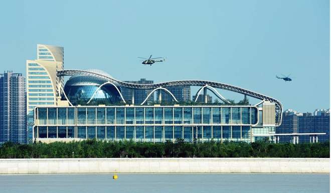 Helicopters hover around the main venue for the G20 summit in Hangzhou in mid-August. Photo: AP