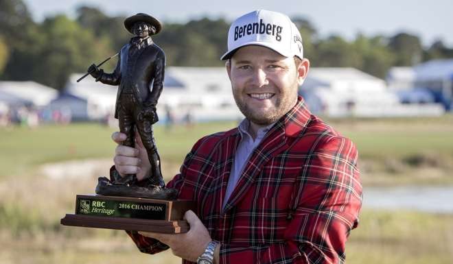 Branden Grace with the trophy after winning the RBC Heritage tournament in South Carolina in April. Photo: AP