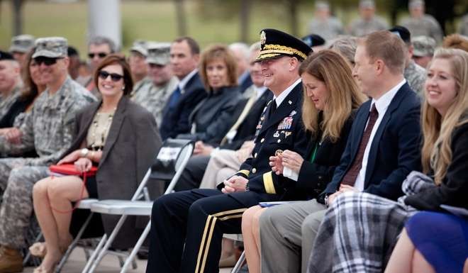 US Army Major General David Haight, seated next to his wife, Bonnie Haight, at a ceremony at Fort Benning. Photo: US Army Fort Benning