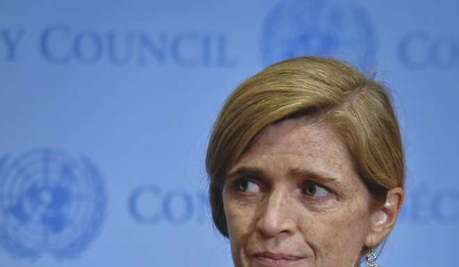 United States UN ambassador Samantha Power speaks before joining a meeting of the UN Security Council to discuss North Korea's most recent nuclear test. Photo: AP