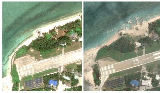 A previous map (left) compared with the latest Google Earth map on the right, with the new structures. Photo: SCMP Pictures