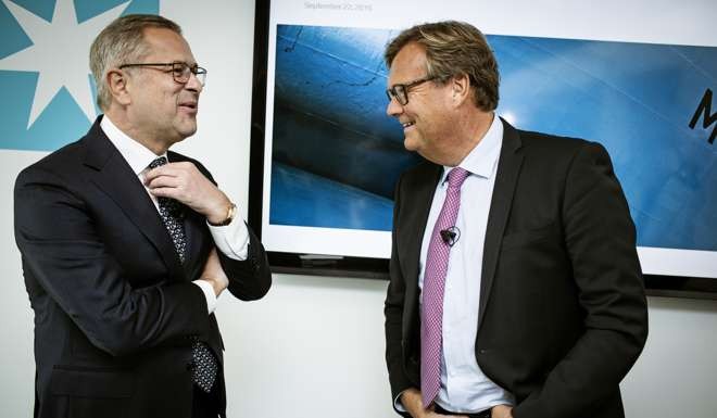 Michael Pram Rasmussen, chairman of A.P. Moeller-Maersk A/S, right, and Soren Skou, chief executive officer of A.P. Moeller-Maersk A/S, speak during a news conference. Maersk will split into separate transport and energy businesses as Denmark’s biggest company moves ahead with an historic shake-up of the conglomerate. Photographer: Bloomberg