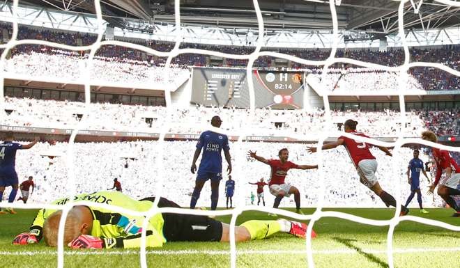 Manchester United’s Zlatan Ibrahimovic scores the winner against Leicester City in the Community Shield at the start of the season. Photo: Reuters