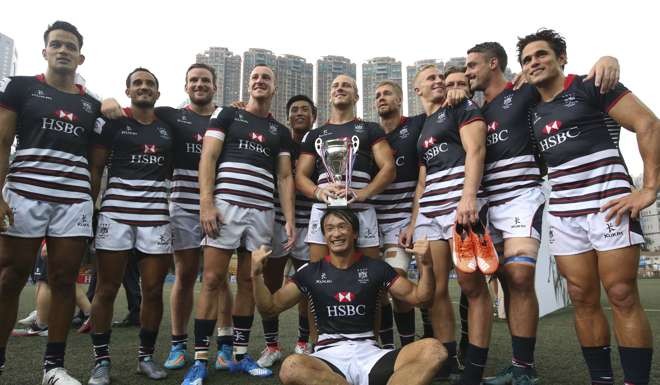 Hong Kong celebrate victory in the opening round of the Asia Rugby Sevens Series. Photo: Felix Wong