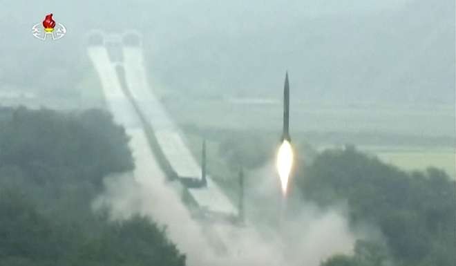 In this undated image made from video distributed on Tuesday, Sept. 6, 2016, by the North Korean broadcaster KRT, a missile is launched during a drill at an undisclosed location in North Korea. Photo: KRT via AP