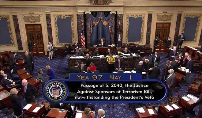 This frame grab from video provided by C-SPAN2, shows the floor of the Senate acting decisively to override President Barack Obama's veto of September 11 legislation, setting the stage for the contentious bill to become law despite flaws that Obama and top Pentagon officials warn could put US troops and interests at risk. C-SPAN2 via AP