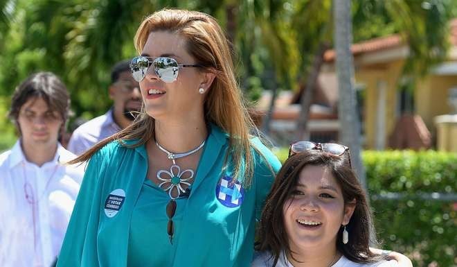 Former Miss Universe Alicia Machado as she campaigns for Hillary Clinton in Miami, Florida. She is at the centre of a battle with Donald Trump, who accused her of getting too fat, comments that could repel women voters. Photo: AFP