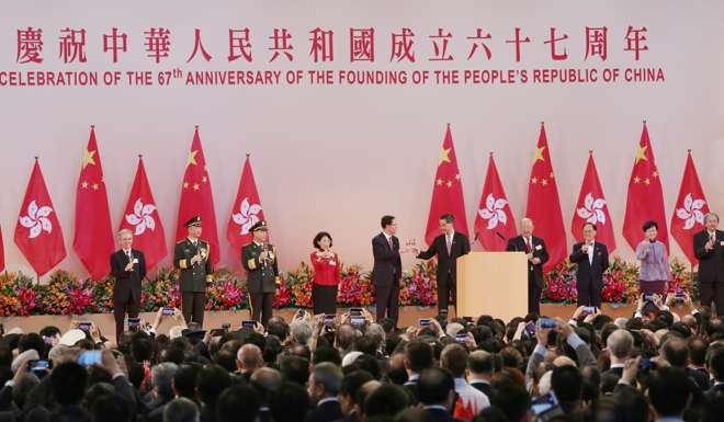 Leung Chun-ying at the reception in Hong Kong to mark National Day. Photo: Jonathan Wong