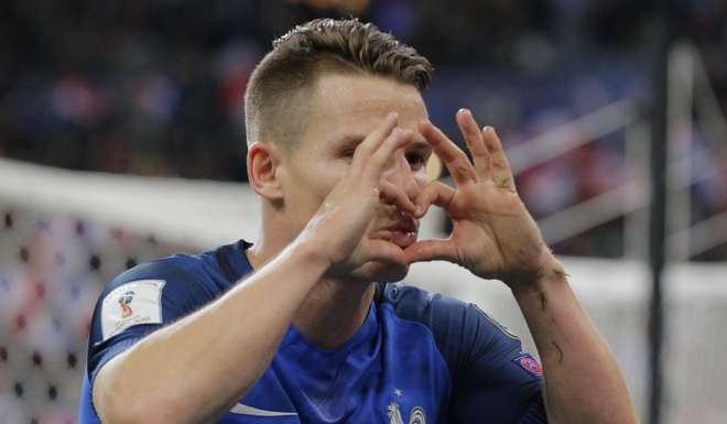 France’s Kevin Gameiro celebrates scoring his side’s first goal against Bulgaria. Photo: AP