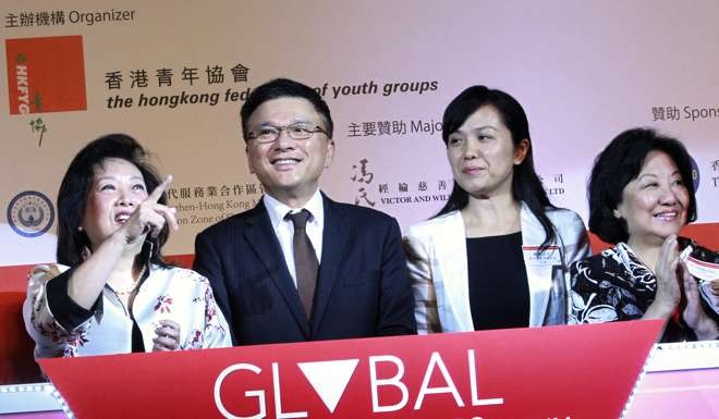 Attending the opening ceremony of the Global Youth Entrepreneurs Forum 2015 are (from left) Rosanna Wong, Hong Kong Federation of Youth Groups executive director; Chan Ka-keung, secretary for financial services and the Treasury; Cai Ying, president of the Shenzhen Youth Federation; and Shelley Lee, director of the Dragon Foundation, on August 3 last year. Photo: May Tse