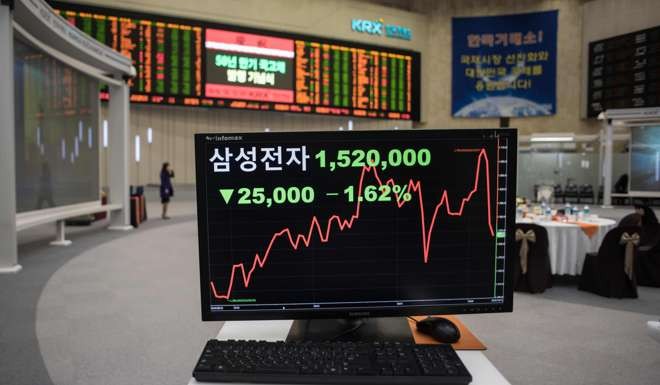 A screen shows the Samsung share price at the Korean Exchange in Seoul after the stock plunged on October 10 after the South Korean electronics giant urged global consumers to stop using its Galaxy Note 7 smartphone. Photo: AFP
