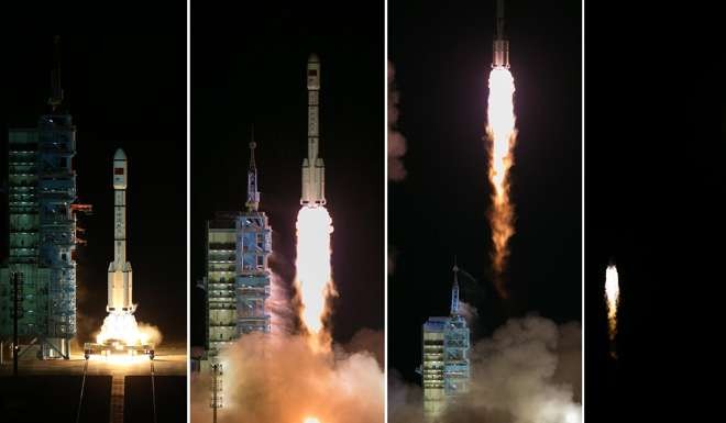 China’s space lab Tiangong-2 roars into the air on the back of a Long March-2F rocket from the Jiuquan Satellite Launch Centre in northwest China last month. Photo: Xinhua