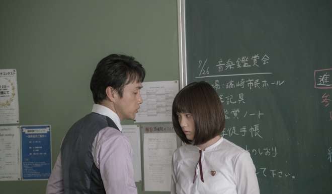 Tsubasa Honda (right) as a high school student betrayed by her teacher in Night's Tightrope.