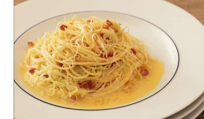 Spaghetti with leek and pancetta. Photo: Koji Studio