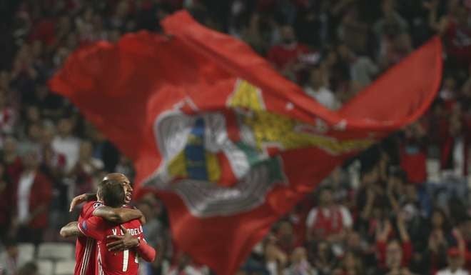 Benfica's Luisao, left, and Victor Lindelof celebrate. (AP Photo/Steven Governo)