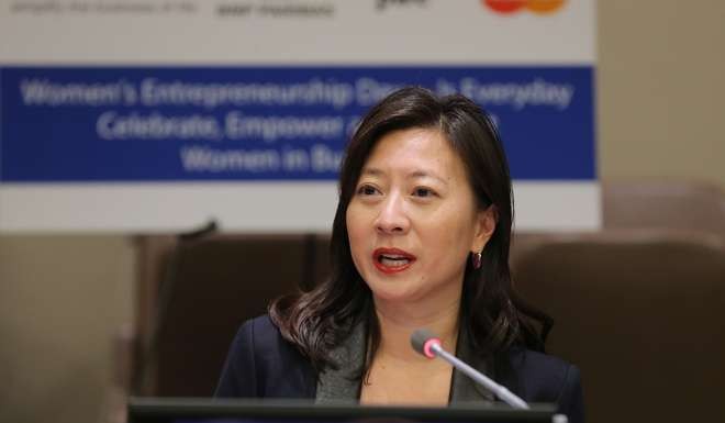 Cheryl Lu-Lien Tan moderates the ‘In the Spotlight: Celebrity Entrepreneurs Giving Voice to the Voiceless’ panel during Women's Entrepreneurship Day at the United Nations. Photo: AFP