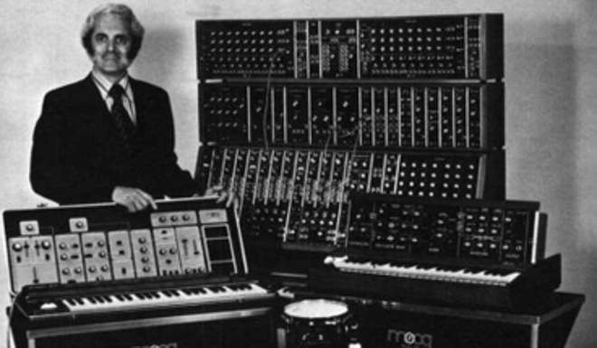 Moog synthesisers in the 1970s. Photo. Wikipedia