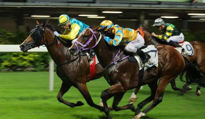 Never Better (inside), ridden by Douglas Whyte, wins at Happy Valley in June.