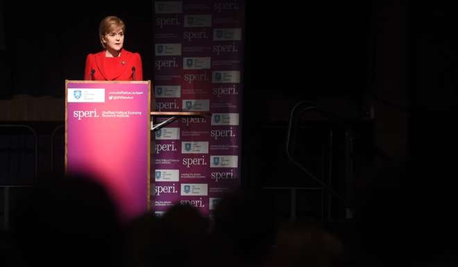 Scotland's First Minister Nicola Sturgeon delivers a lecture entitled “Scotland and the UK: Economic Policy after the EU Referendum” at a Sheffield Political Economy Research Unit event at the University of Sheffield’s Octagon Centre in Sheffield on November 7, 2016. Photo: AFP