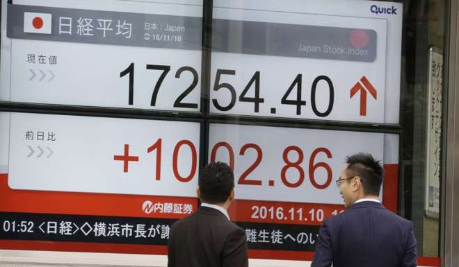 An electronic board displays the Nikkei 225 index at a securities firm in Tokyo on Thursday. Japan's benchmark jumped 6 per cent in early trading as Asian markets rebounded. Photo: AP