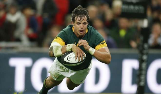 Francois Venter, scoring for South Africa against the Barbarians last weekend, will make his test debut against England. Photo: Reuters