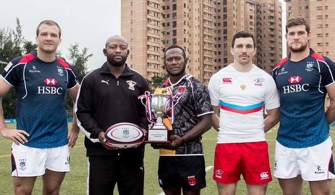 Hong Kong squad captain Nick Hewson with counterparts Denford Muiamangira (Zimbabwe), Tisa Kautu (Papua New Guinea) and Vasily Artemyev (Russia) and Hong Kong game one captain Ed Rolston at the Cup of Nations launch.