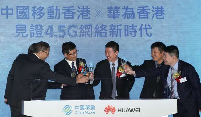 (From left to right) Max Ma, Sean Lee and Li Feng from CMHK, and Deng Tai Hua, Peter Zhou and Tony Cao from Huawei, attend the Hong Kong 4.5G network launch ceremony in Tsim Sha Tsui. Photo: Nora Tam