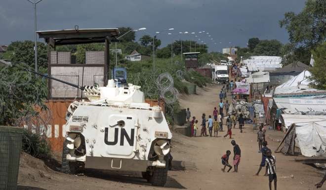 A United Nations armoured personnel carrier guards a camp for the internally-displaced in Juba, South Sudan. File photo: AP
