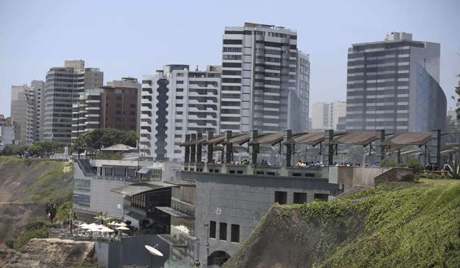 Larcomar's shopping mall, front centre, is located near the Marriott Hotel in Lima, Peru. Photo: AP