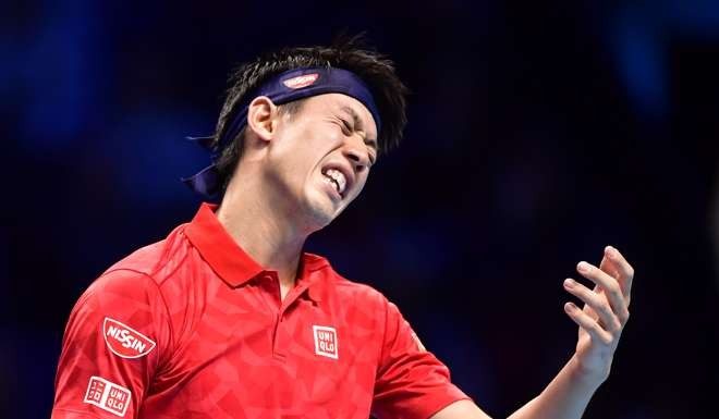 Kei Nishikori of Japan looks chagrined as he loses a point during an ATP World Tour Finals match against Andy Murray of Britain on Nov. 16, 2016, in London. Murray won 6-7, 6-4, 6-4. (Kyodo) ==Kyodo