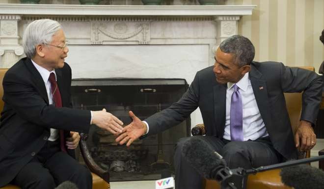 US President Barack Obama and Vietnamese General Secretary Nguyen Phu Trong in the Oval Office in 2015. Washington had sought to build deeper trade, military and political ties with Hanoi. File photo: AFP