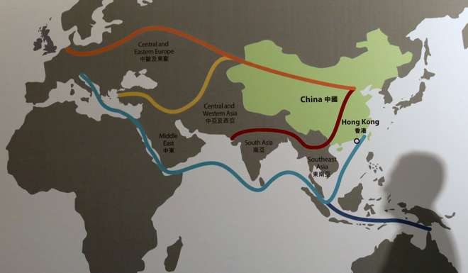 A map illustrating China's ‘One Belt, One Road’ initiative at this year’s Asian Financial Forum in Hong Kong. Photo: Reuters