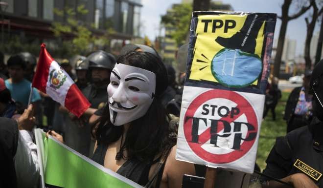 A rally in Peru last week demonstrating against the US-led trade pact the Trans-Pacific Partnership. Photo: AP