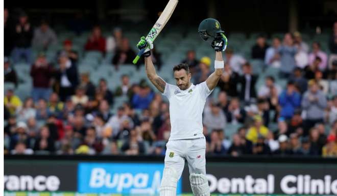 South Africa captain Faf du Plessis celebrates his century on the first day of the third test. Photo: Reuters