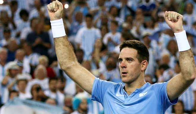 Argentina's Juan Martin del Potro reacts after his victory over Croatia's Ivo Karlovic in the Davis Cup final. Photo: Reuters