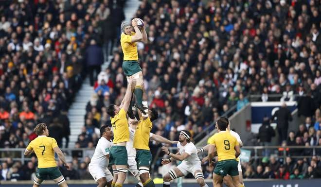David Pocock wins a line-out for Australia in their 37-21 loss to England. Photo: Reuters
