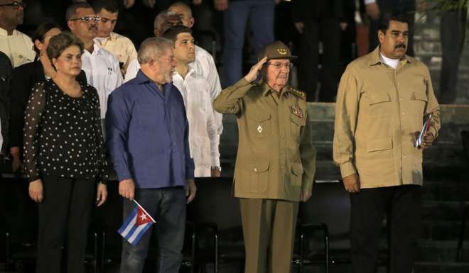 Former Brazilian Presidents Dilma Rousseff (from left) and Luiz Inacio Lula da Silva and Venezuelan President Nicolas Maduro (far right) stand with Cuban President Raul Castro as they attend a tribute in honour of former Cuban leader Fidel Castro on December 3, 2016. Photo: Reuters