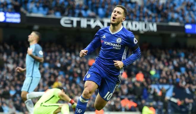 Chelsea's Belgian midfielder Eden Hazard celebrates a goal in the Premier League. Photo: AFP