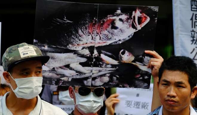 Vietnamese hold placards and pictures of dead fish during a protest outside the Formosa Plastics Corporation headquarters in Taipei. Photo: AFP