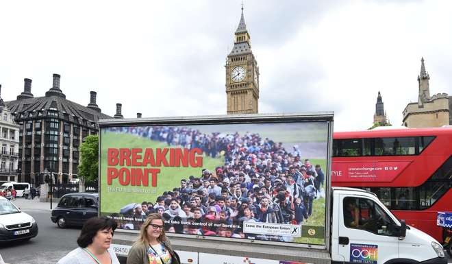 A poster launched by then UK Independence Party leader Nigel Farage days ahead of the EU referendum, in London’s Smith Square on June 16. The vote saw the alienated poor direct their anger at other alienated poor people – particularly immigrants – not at the rich. Photo: EPA