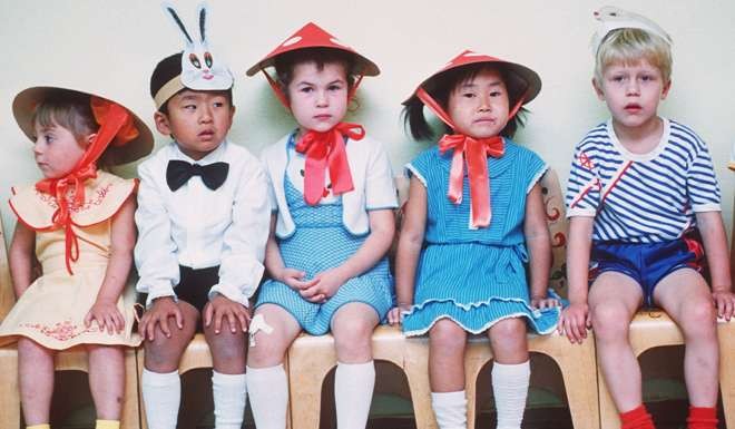 Soviet kindergarten children, pictured in 1989, wait in a class in Kurilsk, Sakhalin, part of the Kuril chain. Photo: AFP