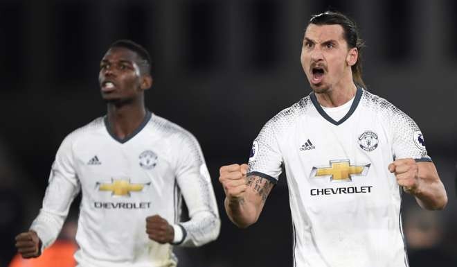 Manchester United's Zlatan Ibrahimovic celebrates after the match with Paul Pogba Action Images via Reuters