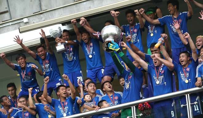 Eastern players celebrate their win over Kitchee int the FA Cup final at Hong Kong Stadium. Photo: Jonathan Wong