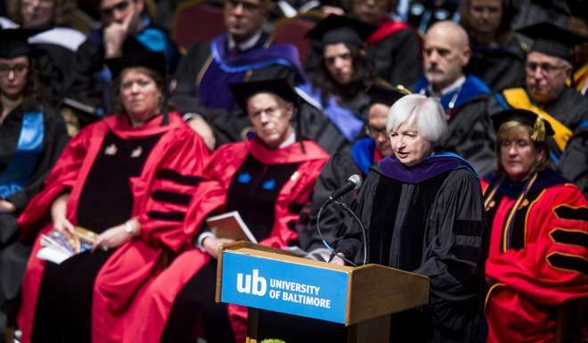 Janet Yellen at the 2016 Midyear Commencement at the University of Baltimore. Photo: Bloomberg