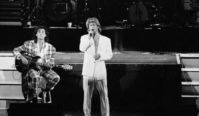 George Michael and Andrew Ridgeley of Wham! perform during a concert in Beijing on April 7, 1985. Photo: AP