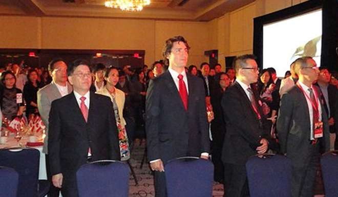 Now Canadian prime minister Justin Trudeau, flanked by Raymond Chan (left) and Chinese corruption suspect Michael Ching Mo Yeung, attends a 2013 fundraiser at the Hyatt Regency in Vancouver, BC, that a pro-Trudeau organisation based in Ching's office helped stage. Photo: GCPnews.com